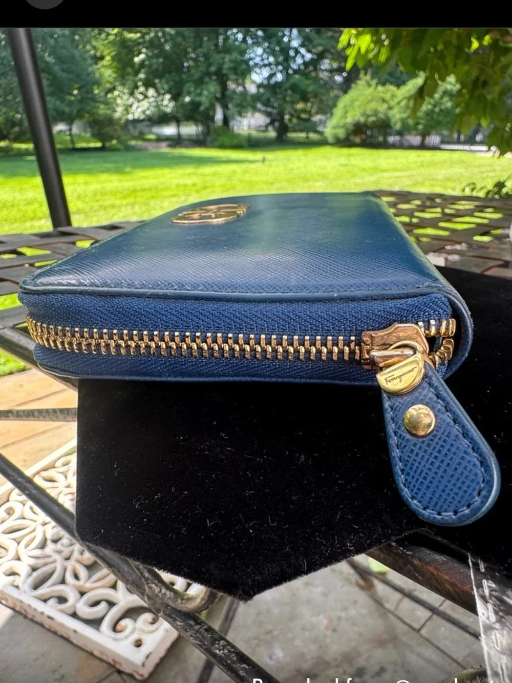 Salvatore Ferragamo Navy Blue Saffiano Zip Wallet with Gold Gancini